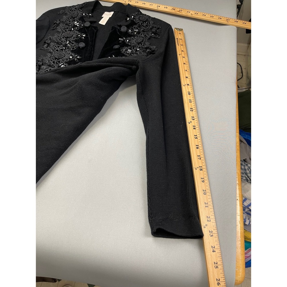 Chicos Black Beaded Lace Velvet Open Front‎ Cardigan Sweater Petite 3P - Picture 8 of 11